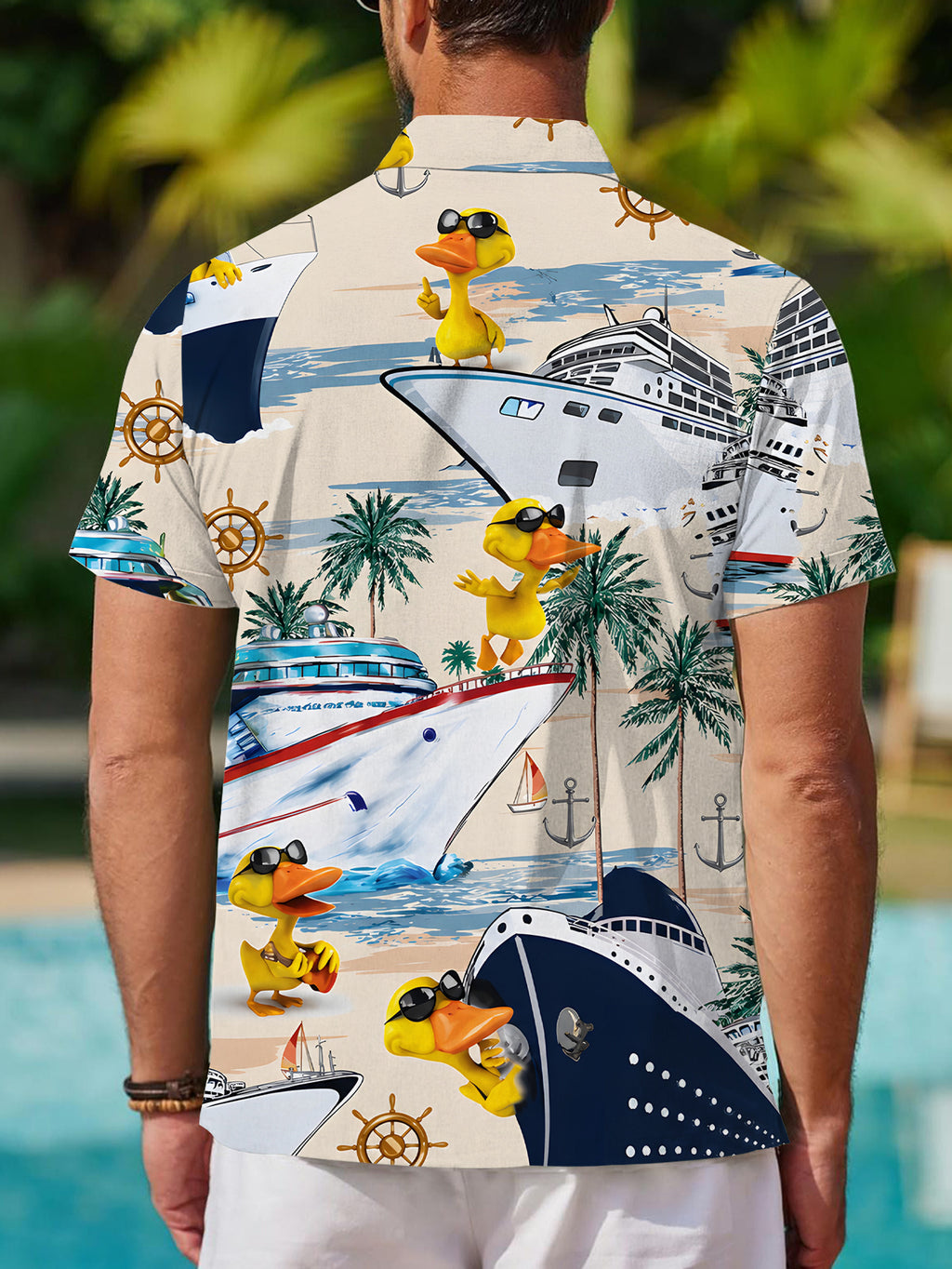 [Print Design – Not Texture] Men's Casual Shirt with Digital Print, Standard Size Short Sleeve Shirt, Cartoon Duck Cruise Scenery, Stylish and Chic Dopamine Party Top, Clothing/Print/Fashion/Men/Summer/Street/Trend