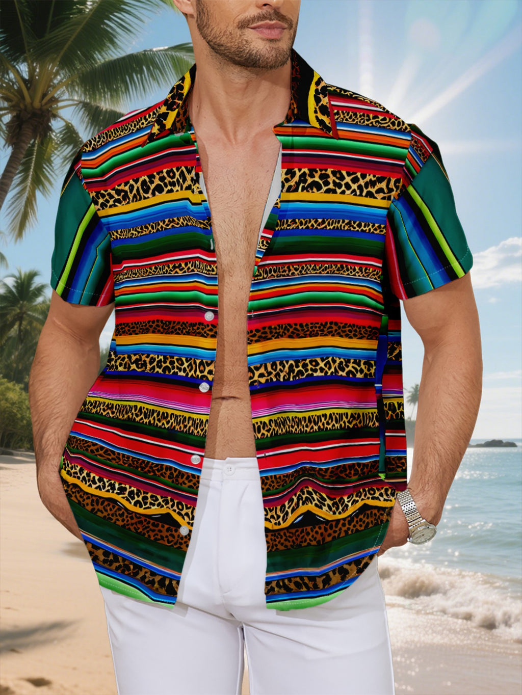 New Men'S Casual Short Sleeve Shirt, Striped And Leopard Print Interwoven, Rich Colors with Exotic Texture, Versatile for Festive Gatherings And Commuting, Fabric Machine Washable, Button-Up Print Shirt