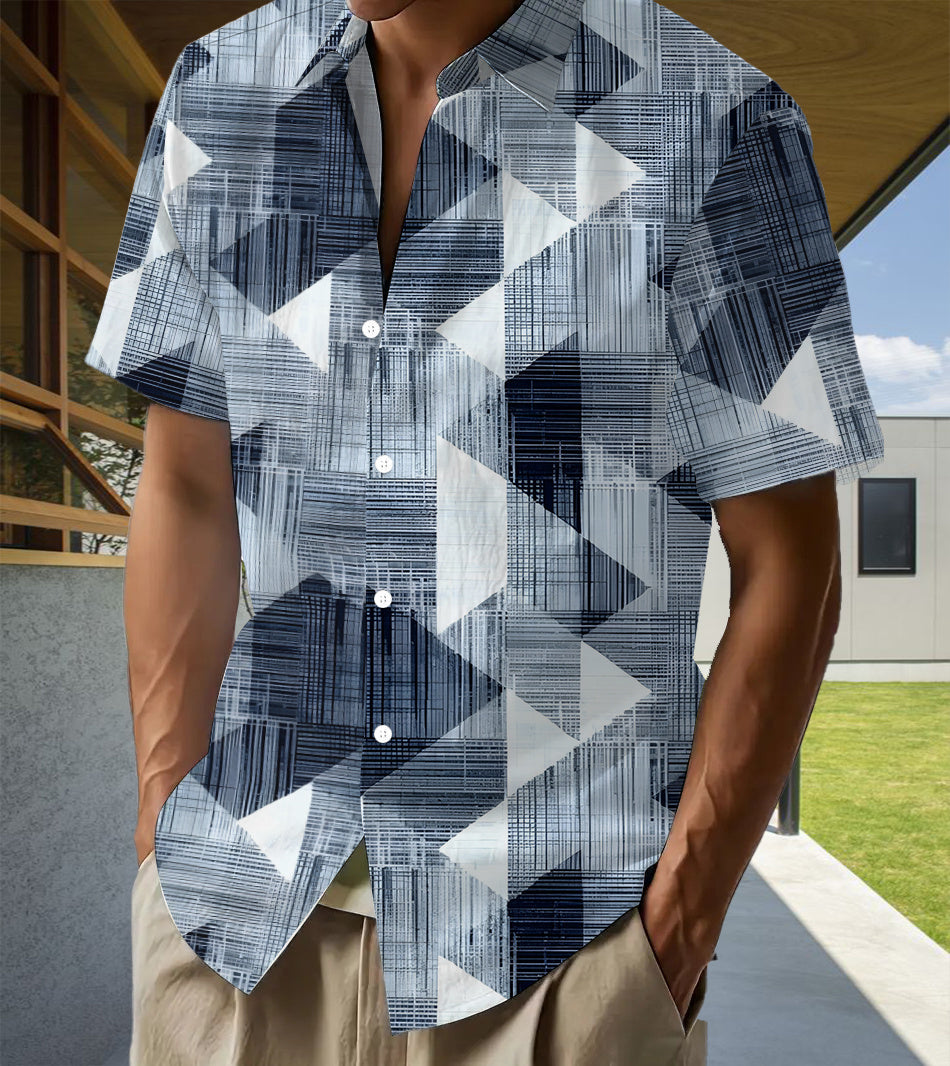 Hawaiian Geometric Triangle Print Men's Casual Shirt - Short Sleeve Button Design, Vibrant Colors, Summer Outdoor and Casual Wear, Machine Washable