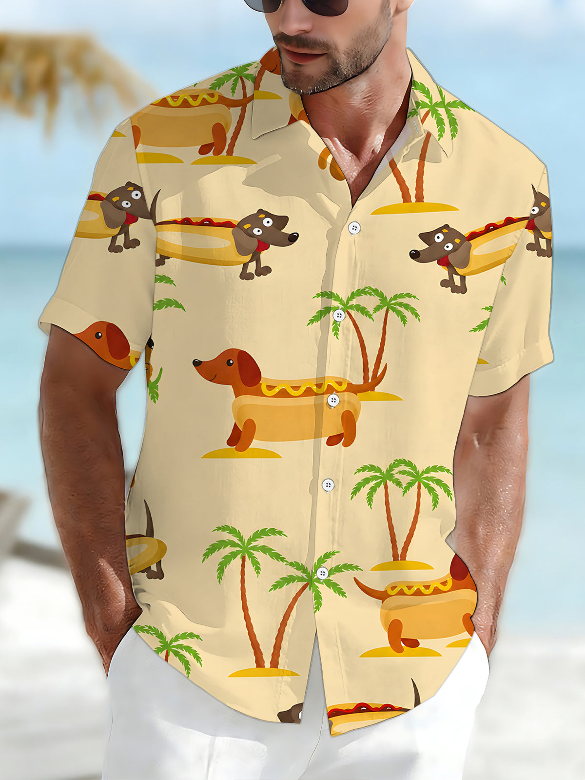 [Printed Design – Not Textured] Men's Casual Shirt, Standard Size Short Sleeve Shirt with Cartoon Hot Dog and Palm Tree, Stylish and Elegant Dopamine Party Top, Summer/Men/Printed/Trendy/Clothes/Apparel/Streetwear