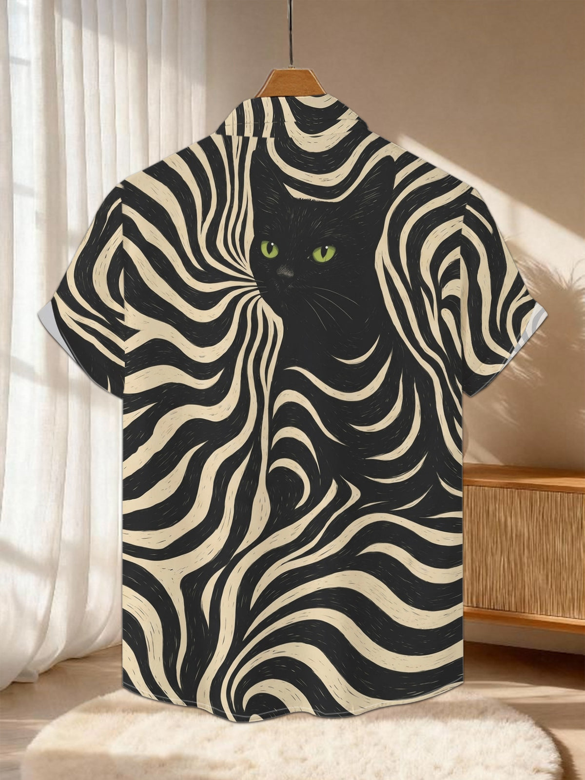 New Men'S Casual Short-Sleeved Shirt Black Cat Hides Among Black And White Ripples Green Eyes Suddenly Appear Festive Party Commute Versatile Polyester Fabric Machine Washable Lightweight Summer Suitable for Casual Wear Outdoor Activities And Daily