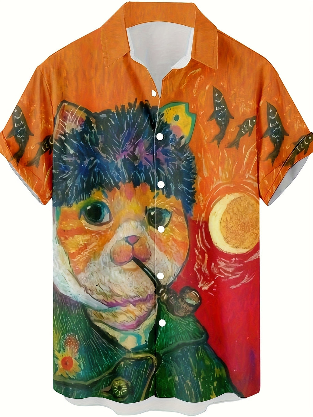 New Cat Smoking Print Casual Shirt, Men'S Short Sleeve Shirt Suitable for Beachwear, Vacation, And Casual Outings, Casual Summer Top with Breathable Material