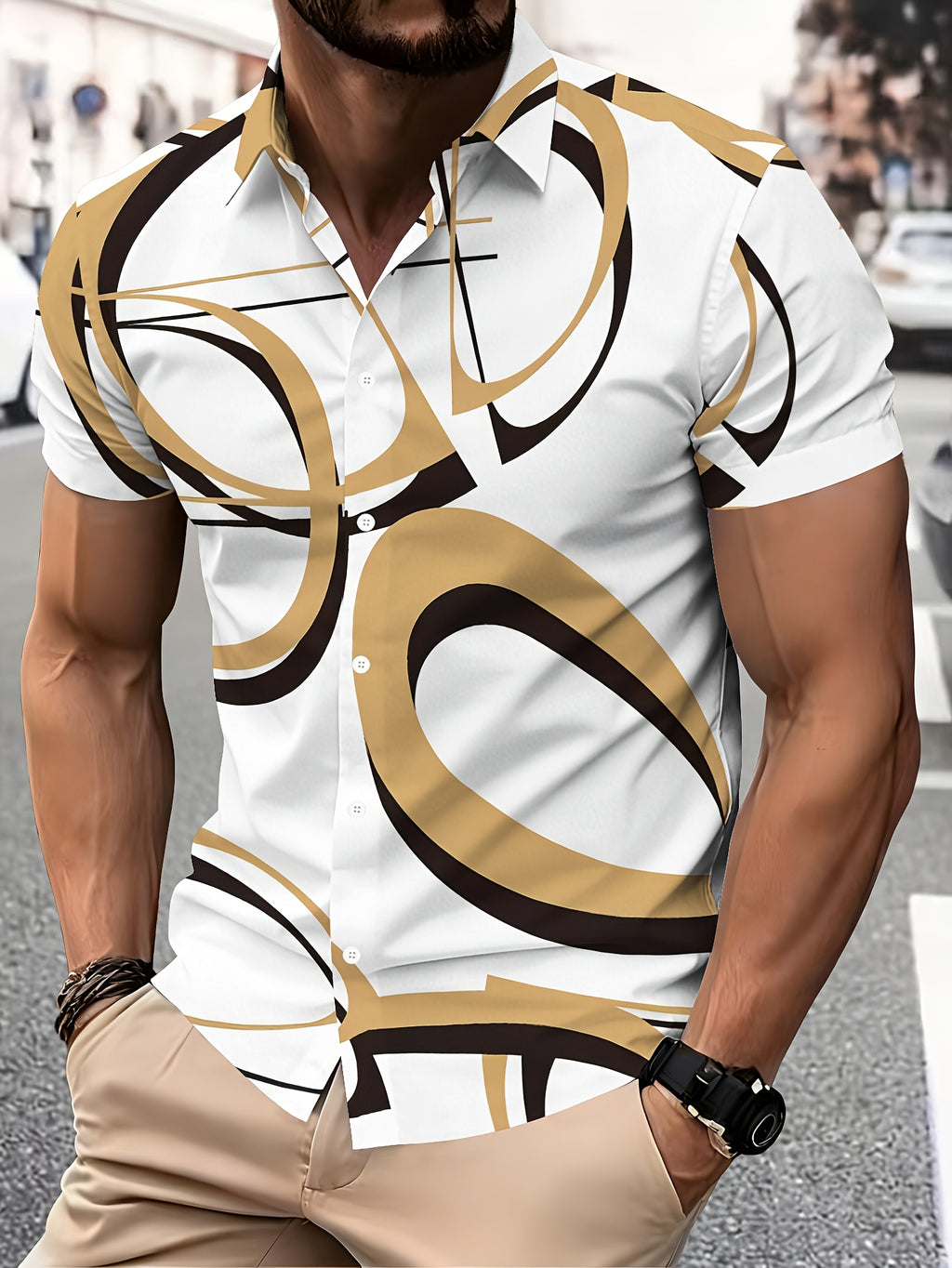Abstract Geometric Men'S Casual Shirt, Print White Golden And Black Pattern Summer Bold Curved Lines Design