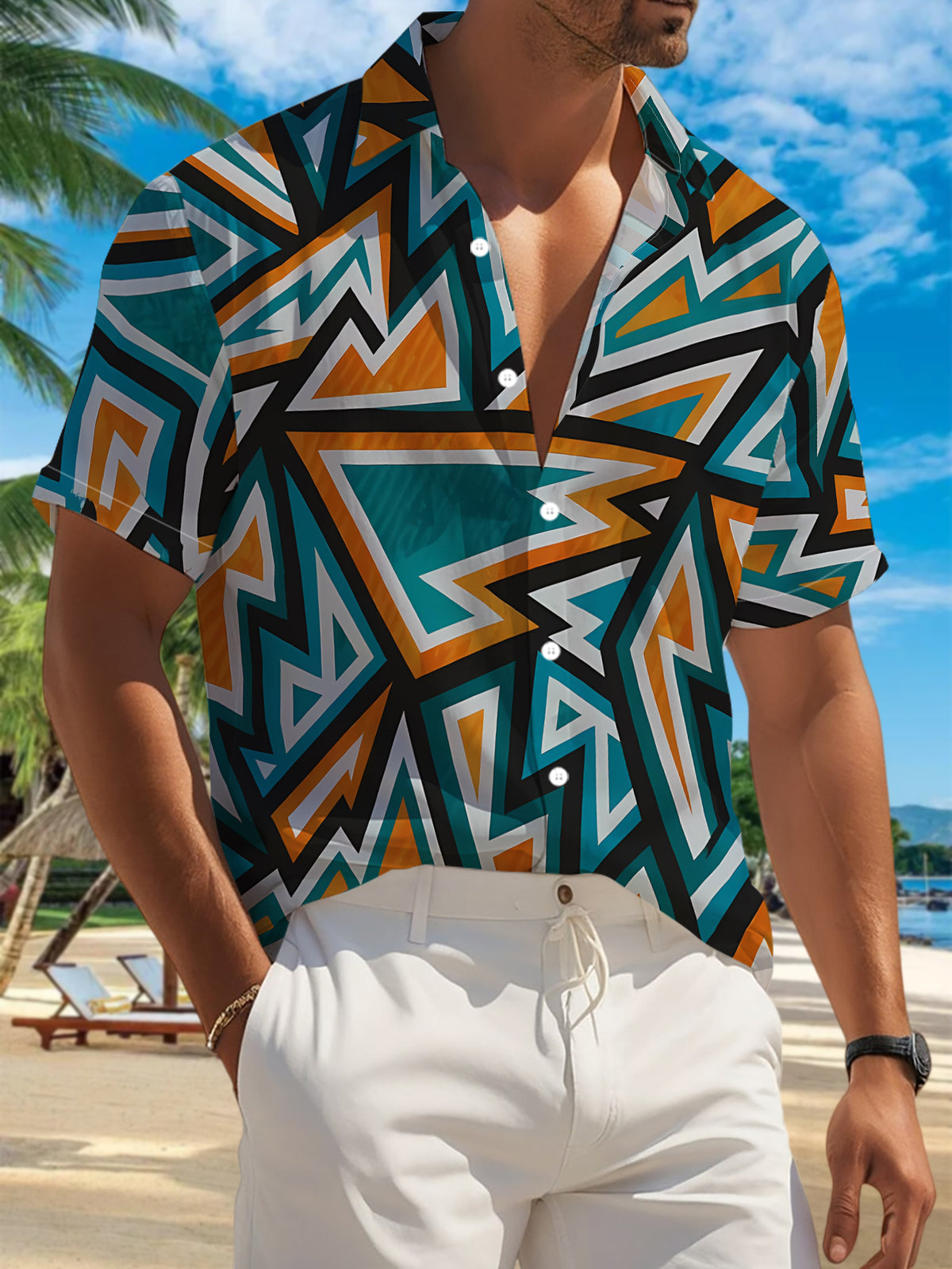 New Men'S Casual Short-Sleeve Shirt Featuring Blue, Orange, And White Geometric Graffiti with Dynamic Intersecting Lines, Perfect for Festive Gatherings And Commuting. Made from Machine-Washable Polyester Fabric, It Has a Button-Print Design