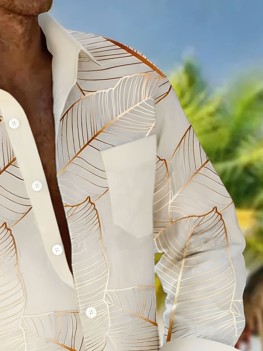 Hawaiian Botanical Leaf Gradient Print Men's Plus Size Button-Up Pocket Long Sleeve Shirt, PLUS SIZE