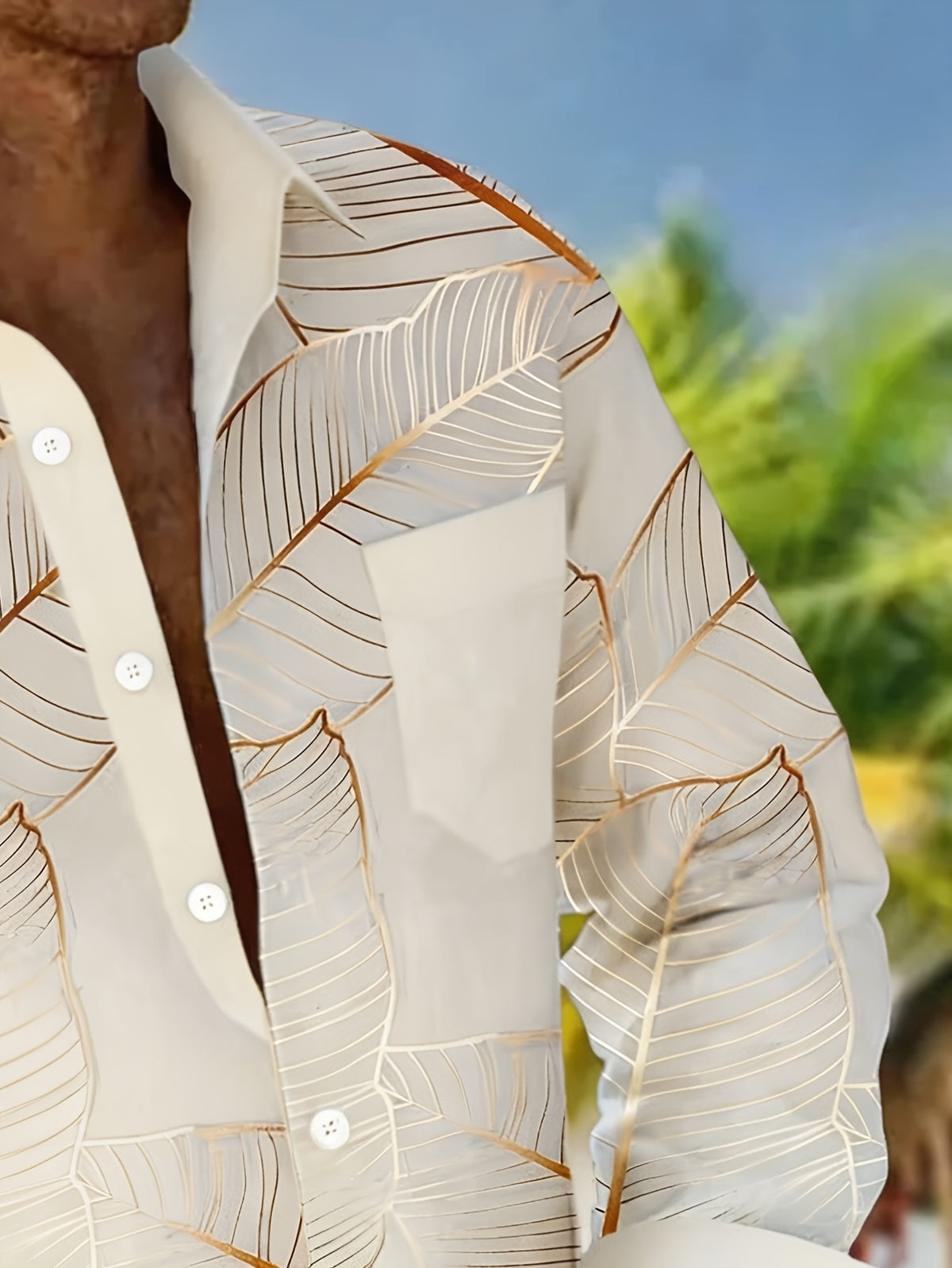 Hawaiian Botanical Leaf Gradient Print Men's Plus Size Button-Up Pocket Long Sleeve Shirt, PLUS SIZE