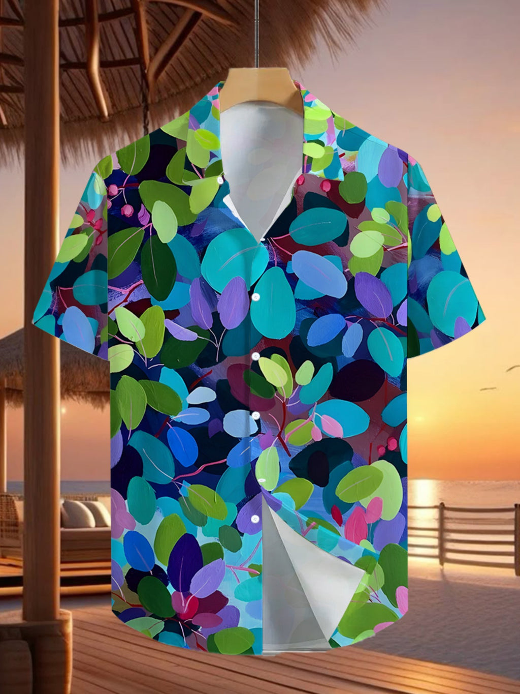 Men'S Casual Shirt with a Tropical Hawaiian Style Featuring Vibrant Leaf Patterns - Short-Sleeved with Button Design, Perfect for Outdoor And Leisure Wear in Summer