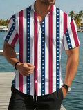 Men'S Casual Short Sleeve Shirt, Red White Stripes with Blue Background And White Stars Pattern, Fashionable All-Match Beach Vacation