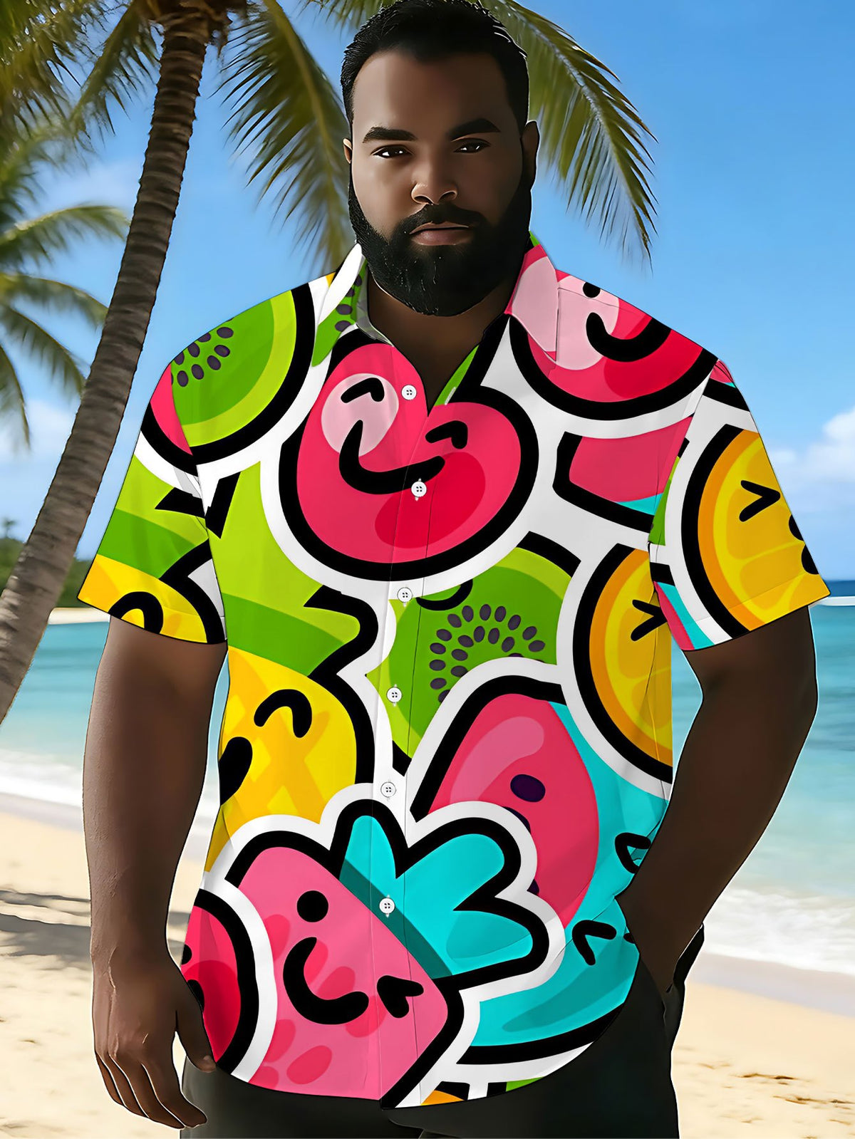Men's Short-Sleeve Shirt, Fashionable Trendy Digital Print Shirt with Cartoon Fruit in Vibrant Styles, Stylish and Elegant, Summer/Trendy/Clothing/Men's/Printed/Apparel/Streetwear