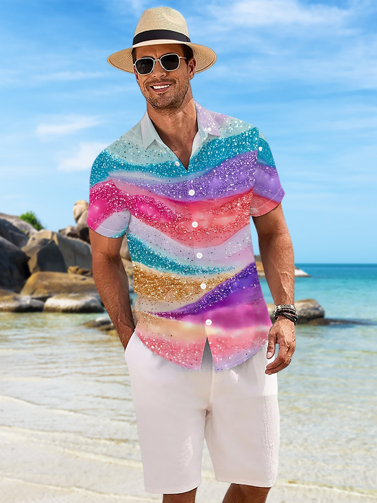 New Men'S Casual Short-Sleeve Shirt with a Shimmering Wave Design, Adorned with Sequins for a Dreamy Pastel Look. Perfect for Festive Gatherings And Versatile for Commuting, Made from Machine-Washable Polyester Fabric, Featuring a Button Print