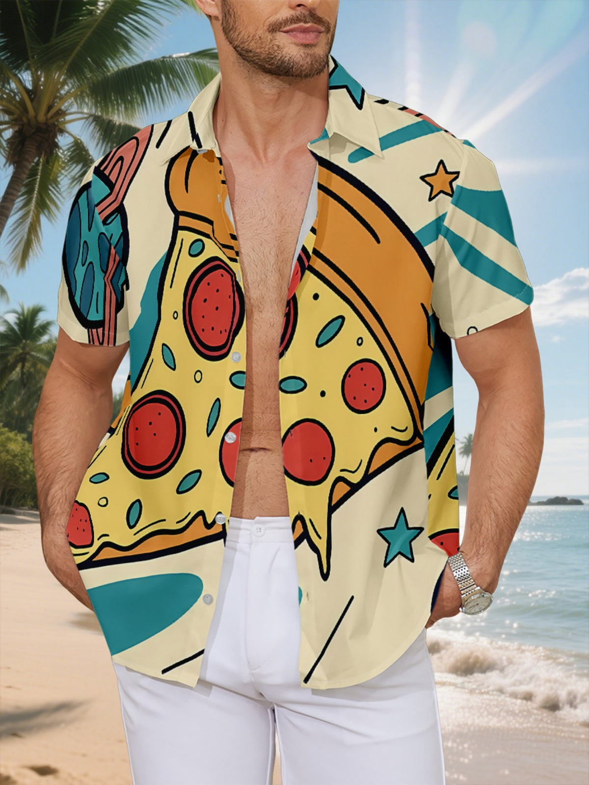 New Men'S Casual Short-Sleeved Shirt, a Slice of Italian Sausage Pizza Flying in Space, Versatile for Holiday Gatherings And Commuting, Polyester Fiber Fabric Is Machine Washable, Button- Print Shirt