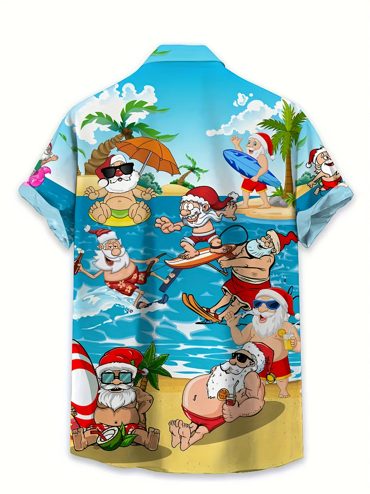 Men's Hawaiian Shirt - Tropical Santa Claus Surfing and Beach Scene Print, Short Sleeve Button-Up Top, Suitable for Casual Outings and Beach Vacations, Machine Washable Regular Fit, Holiday Party Outfit, Fun Vacation Style, Durable Construction