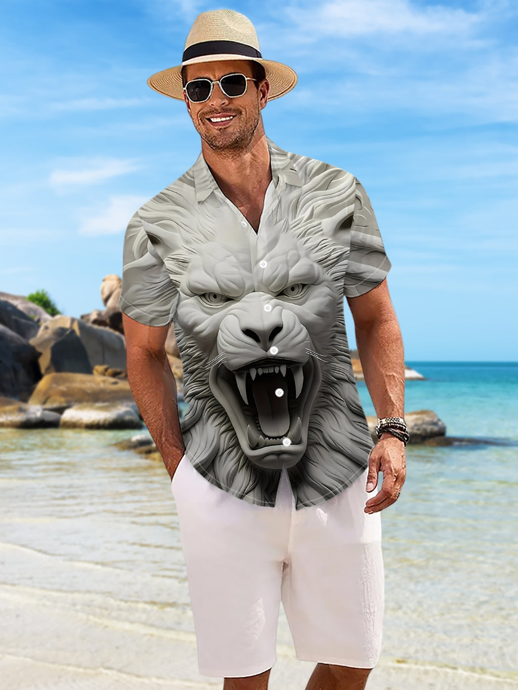 New Men's Casual Short-Sleeve Shirt - White Fabric with Engraved Fierce Lion, Curling Mane, and Bared Fangs for a Dazzling Presence. Versatile Casual Top for Festivals, Parties, and Commuting. Polyester Fabric, Machine Washable. Button