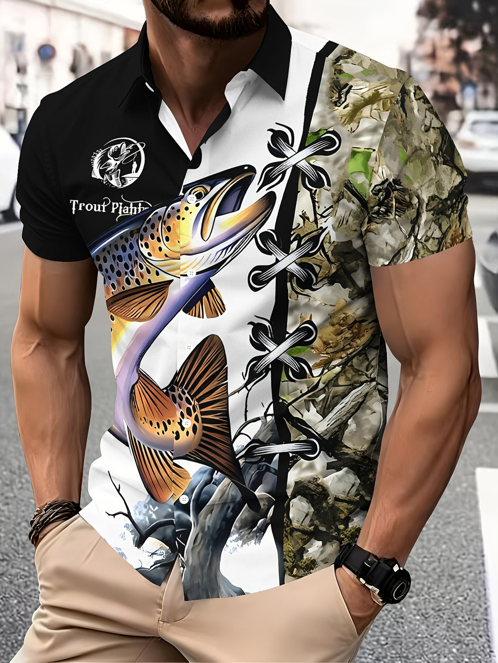 Casual Style Men'S Casual Shirt, Printed Black And White Trout Fishing Pattern Summer Vibrant Fish Design with Camouflage Background And Lacing Detail