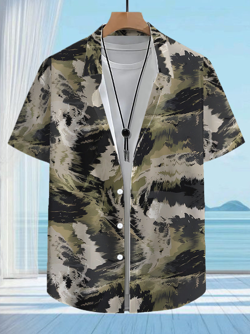 Fashionable Tropical Colorful Patchwork Print Men'S Casual Shirt - Short-Sleeved Button Design, Suitable for Outdoor And Casual Wear in Summer