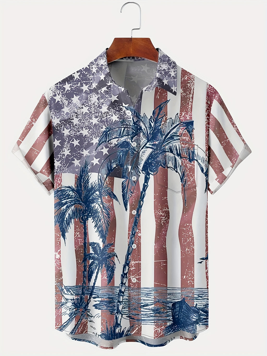 Men'S Plus Size Hawaiian Coconut Tree Print Shirt with Flag Design | Button Closure, Lapel Collar, Slight Stretch Fabric, Summer Vacation Style