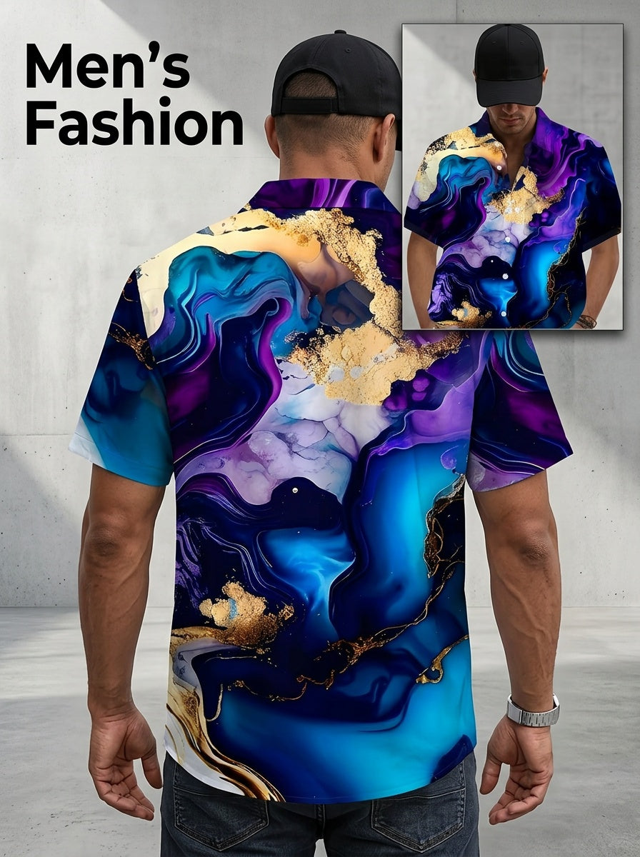 Men's Large Size Button Pocket Short Sleeve Shirt with Fashion Art Gradient Abstract 3D Digital Print