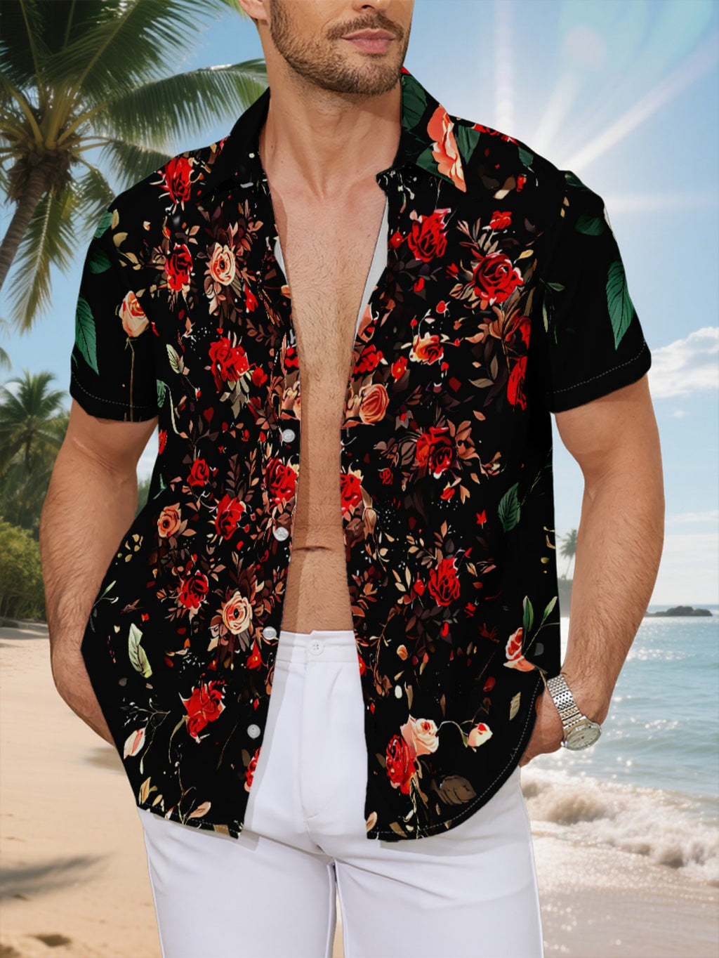 New Men's Casual Short-Sleeve Shirt with Crimson Pink Roses on a Black Background, Featuring Overlapping Clusters of Roses Entwined with Branches. Versatile for Holiday Gatherings and Commuting. Made of Polyester Fiber, Machine Washable. Button-Up