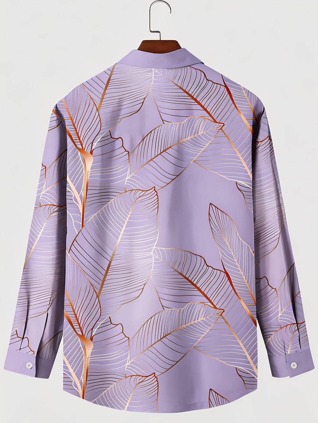 Hawaiian Botanical Leaf Gradient Print Men's Plus Size Button-Up Pocket Long Sleeve Shirt, PLUS SIZE