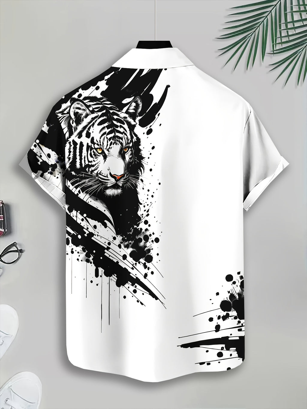Casual Style Men'S Shirt, Print White Tiger Face with Black Ink Splatter, Summer Bold Animal Pattern Design
