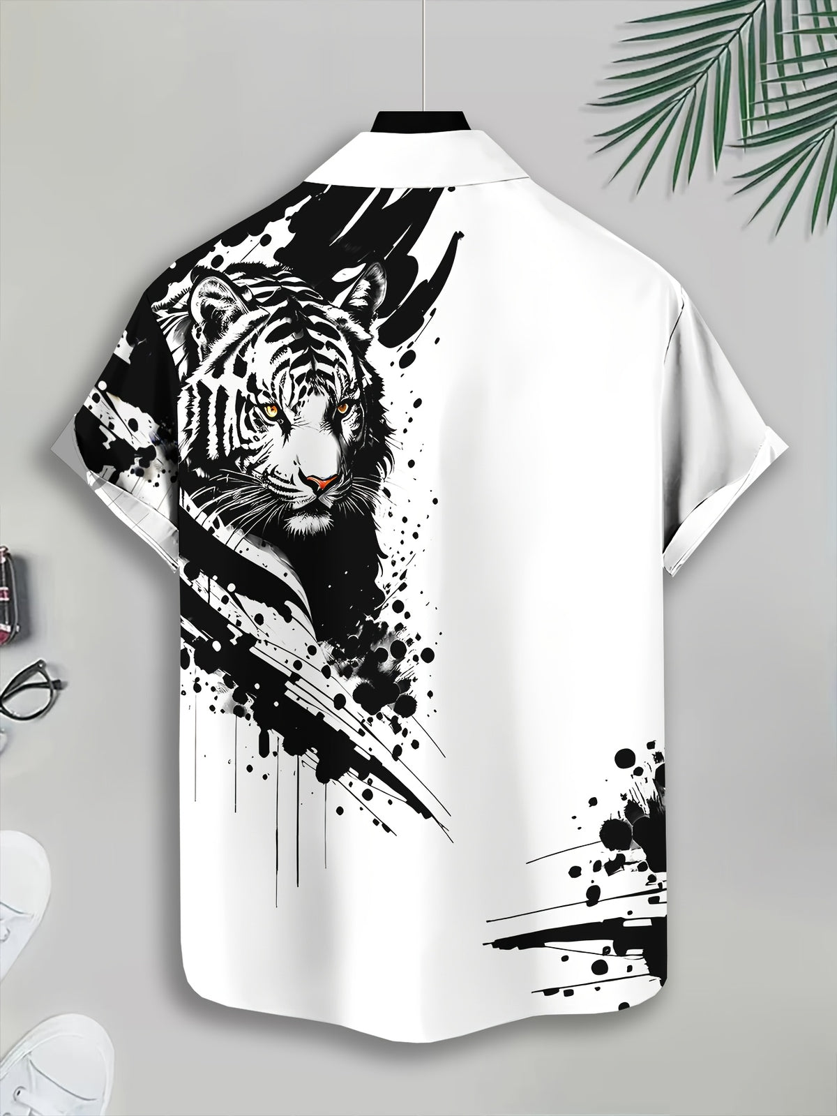 Casual Style Men'S Shirt, Print White Tiger Face with Black Ink Splatter, Summer Bold Animal Pattern Design