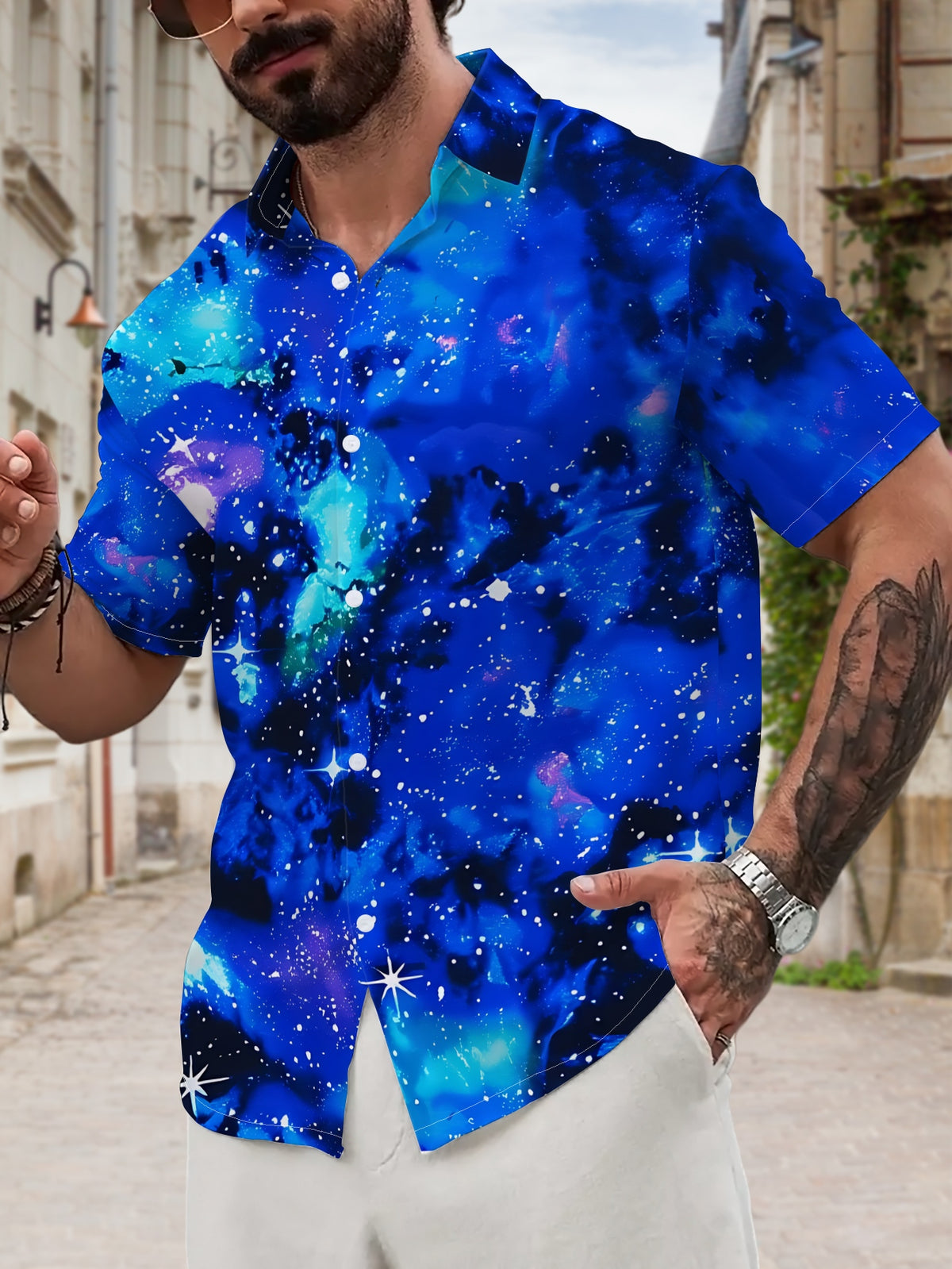New Men'S Casual Short-Sleeve Shirt in Indigo with Swirling Starry Clouds, Adorned with Star-Like Sequins Across The Night Sky. A Versatile Top Suitable for Holiday Gatherings And Commuting