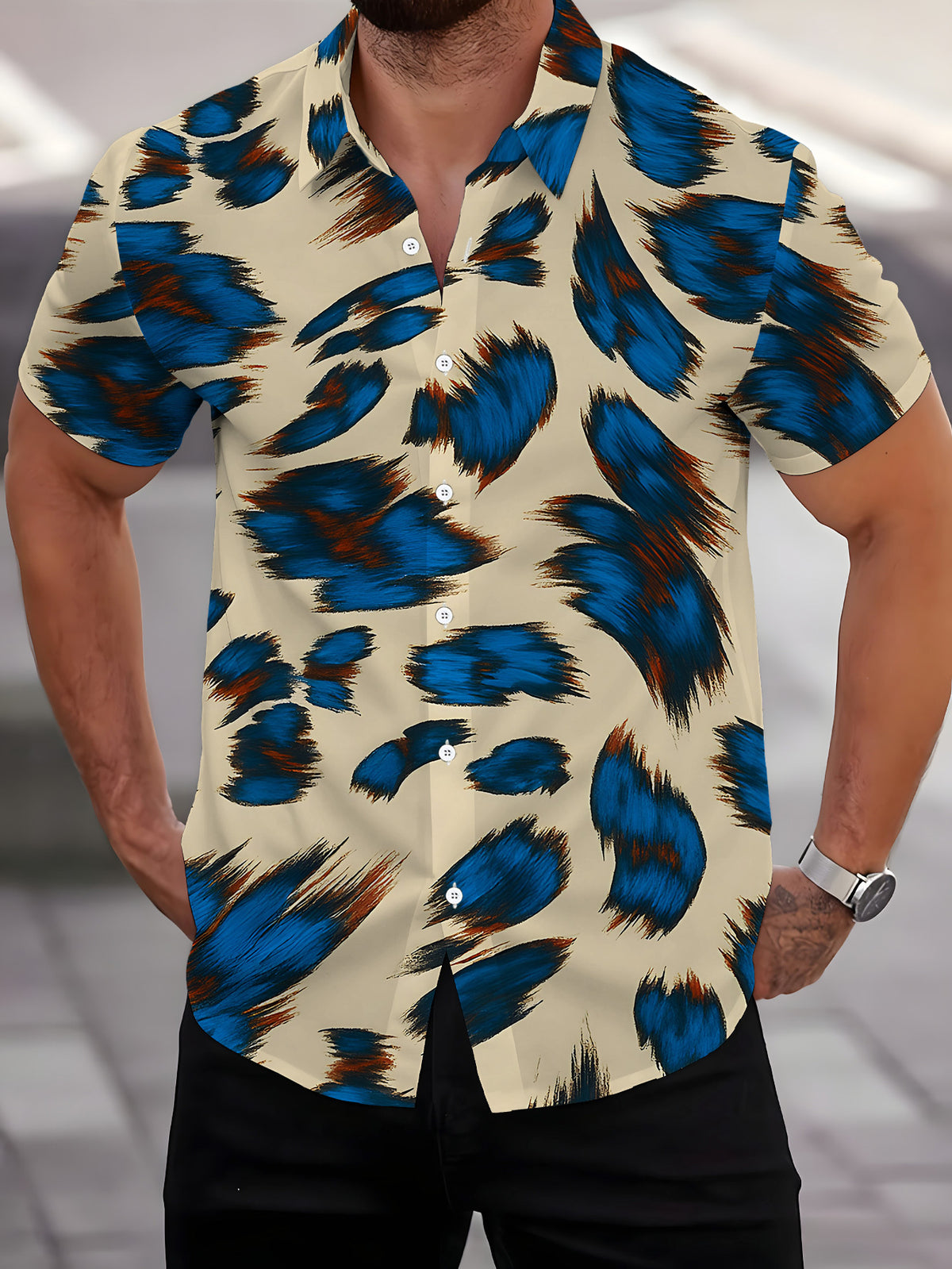 Men'S Short Sleeve Shirt, Individual Style Men'S Print Short Sleeve Leopard Print Style, Cool Men'S Shirt, Blue Brown Tone, Men'S Casual Short Sleeve Shirt Summer