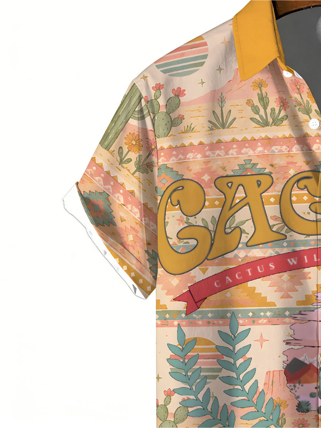 Men's Trendy Short-sleeve Shirt, Cactus Western-themed Print, Unique Retro Style for Casual Attire