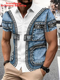 Printeddesign-Nottextured 2Dprinting Men'S Casual Shirt, Polyester Material, Mixed Color, Multiple Sizes Available, Faux Denim Print, Fashionable Summer Style, Trendy Top