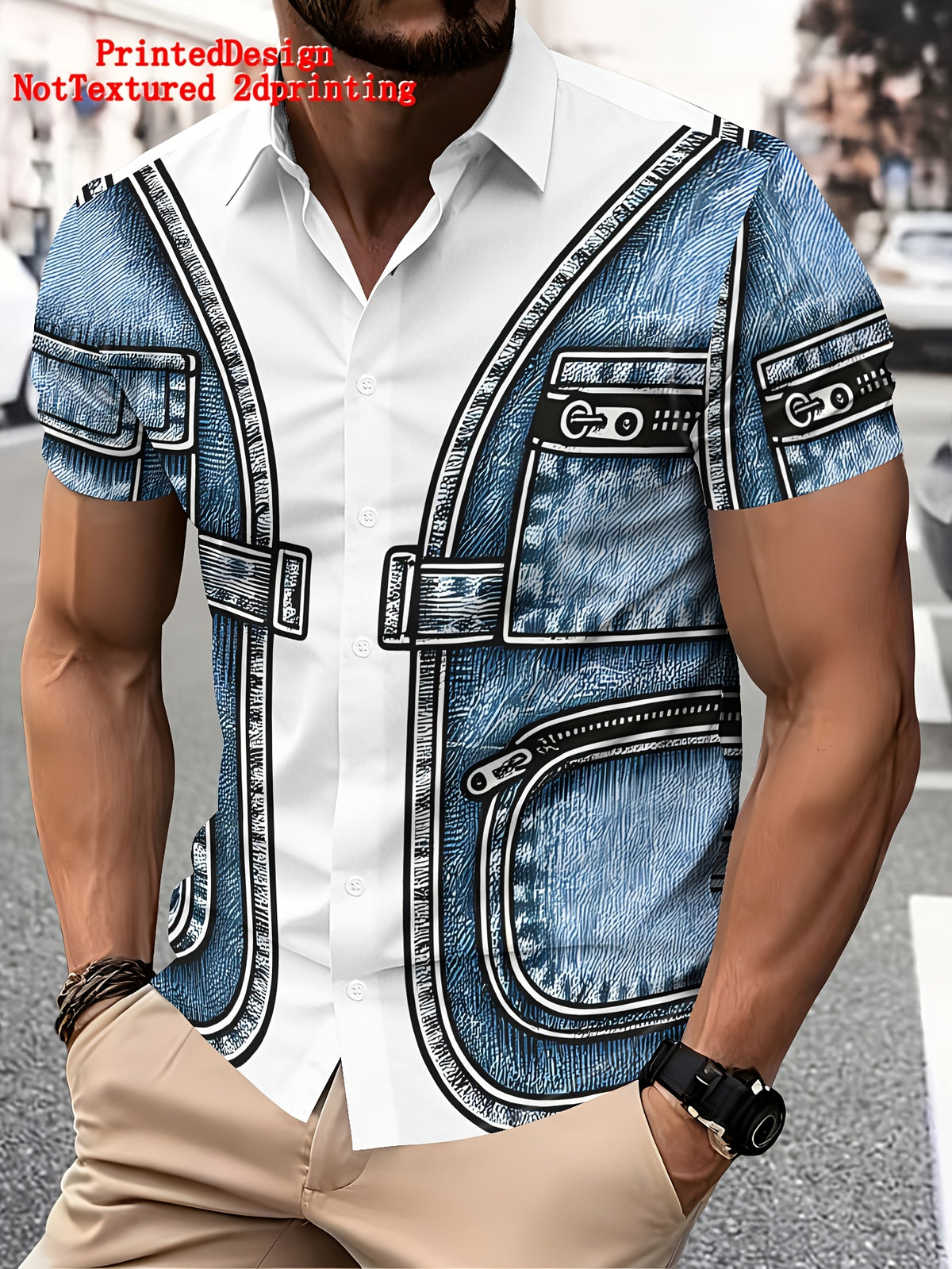 Printeddesign-Nottextured 2Dprinting Men'S Casual Shirt, Polyester Material, Mixed Color, Multiple Sizes Available, Faux Denim Print, Fashionable Summer Style, Trendy Top