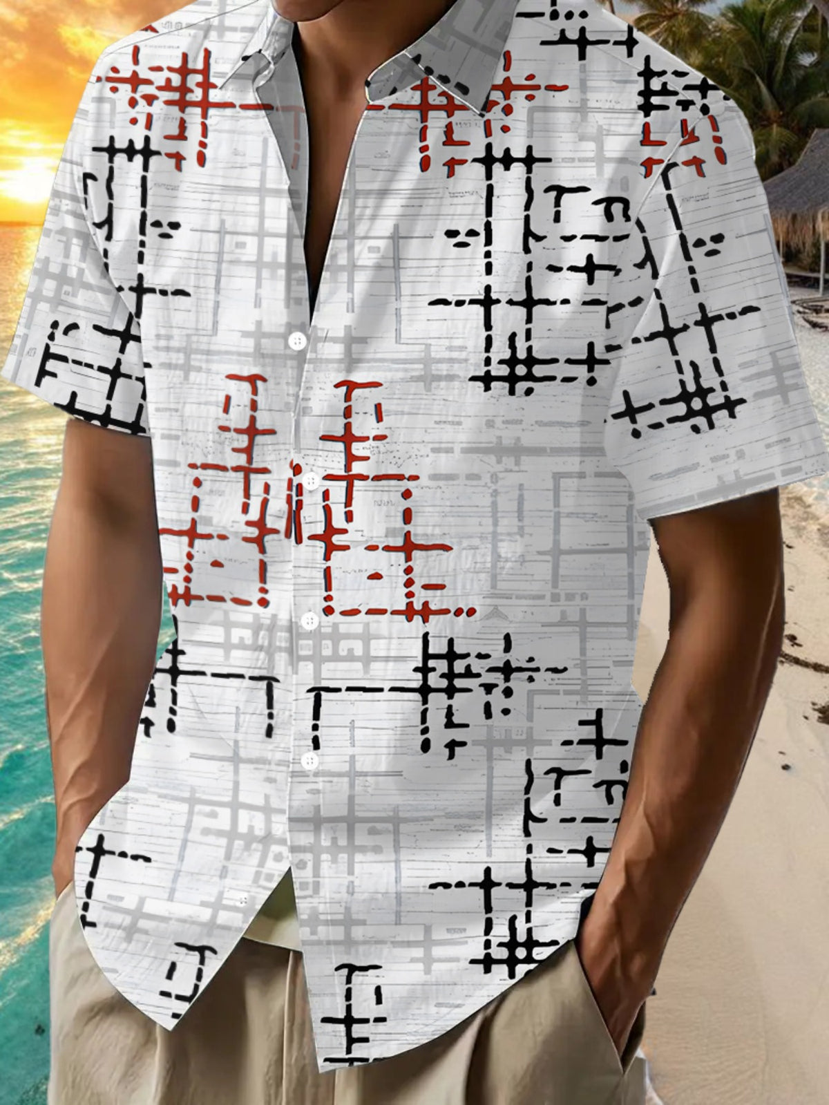 Men'S Casual Short Sleeve Shirt with Anime Line Print - Button-Up Design, Summer Outdoor And Casual Wear, Casual Attire