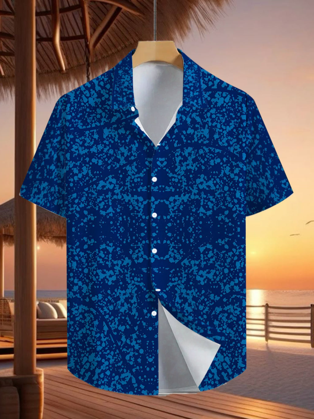 Men's Casual Shirt with Fashionable Tropical-Inspired Mixed Element Print - Short Sleeve Button-Up Design for Summer Outdoor and Leisure Wear