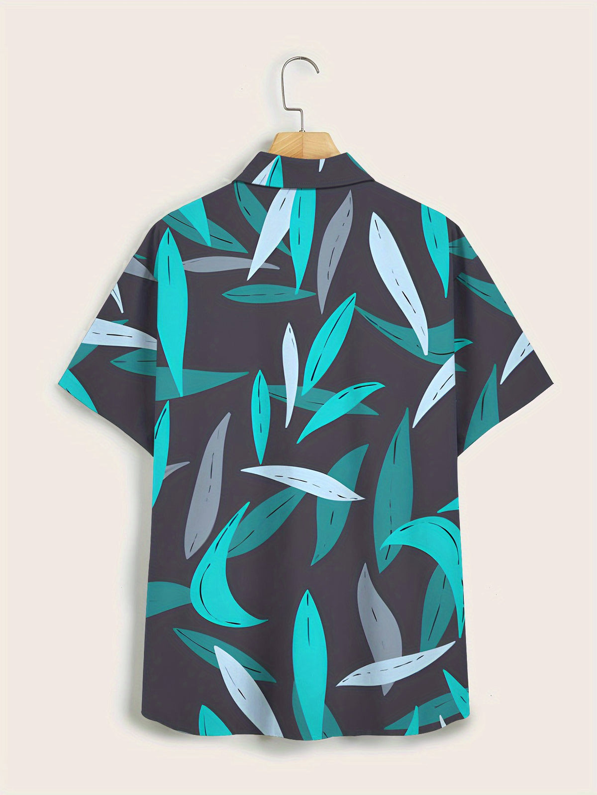 Men's Casual Short-sleeve Shirt with Leaf Pattern in Blue and Gray Color Scheme, Simple Style, Suitable for Beach and Summer Wear, Stylish and Versatile for Men's Casual Beach Outfits