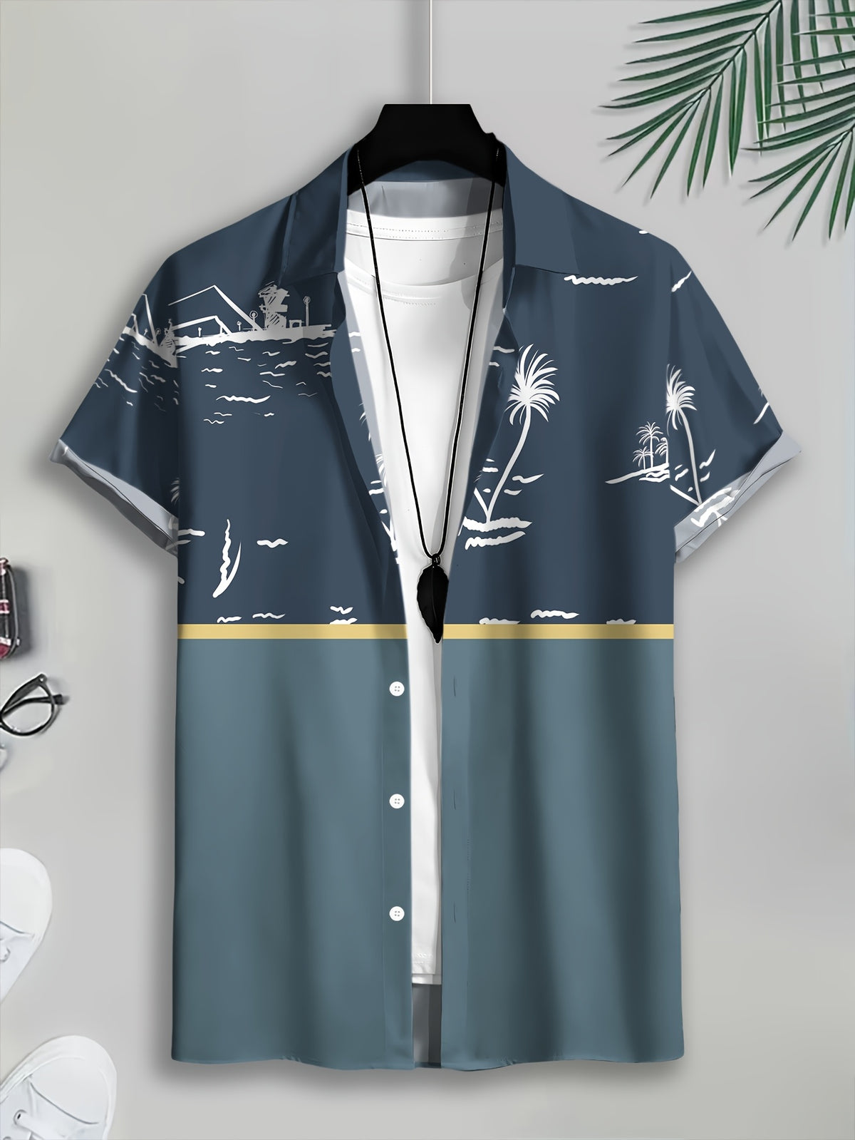 Casual Style Men'S Casual Shirt Print Navy Blue Tropical Island Scene Summer Palm Trees And Ocean Waves