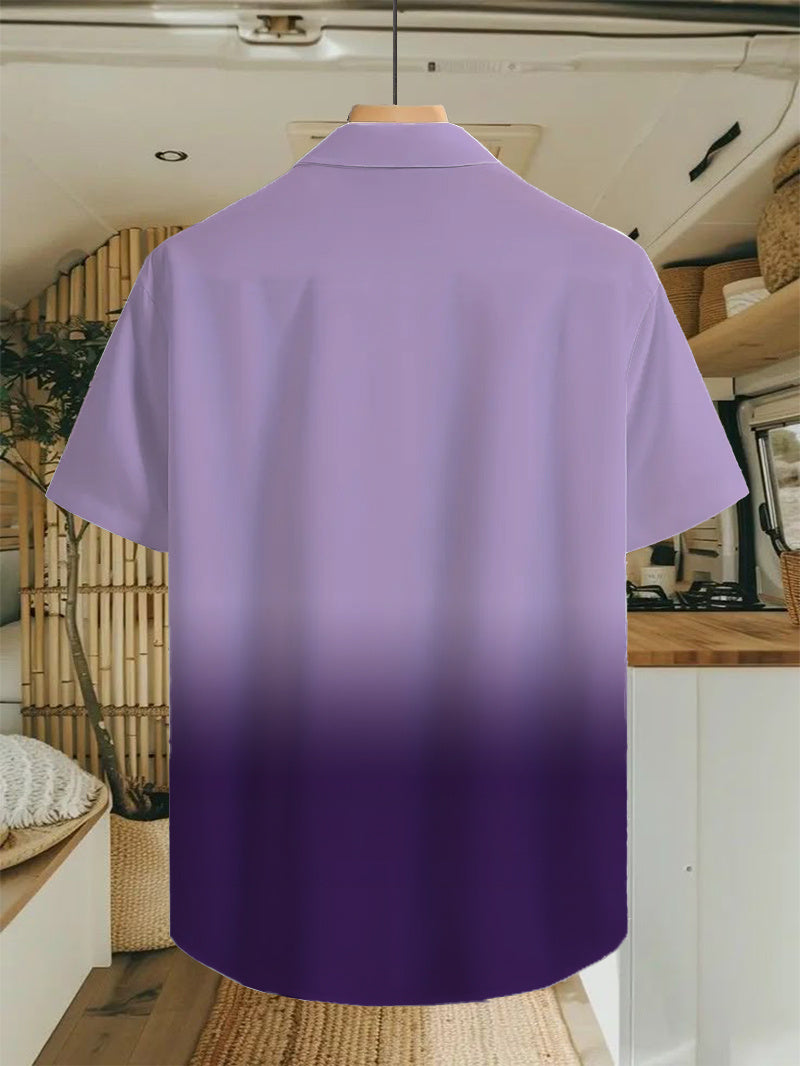 A Stylish Short-Sleeve Shirt Featuring a Dual Purple Gradient Pattern, Perfect for Tropical Summer Adventures. This Casual Button-Up Shirt Is Made from Lightweight