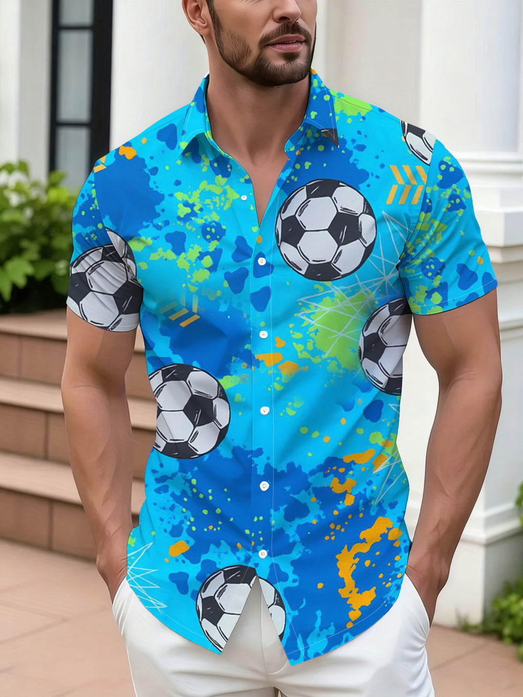 Men's Casual Short-Sleeve Shirt with Blue Base and Colorful Ink Splatter Style Football Print, Fashionable and Versatile for Beach Vacations
