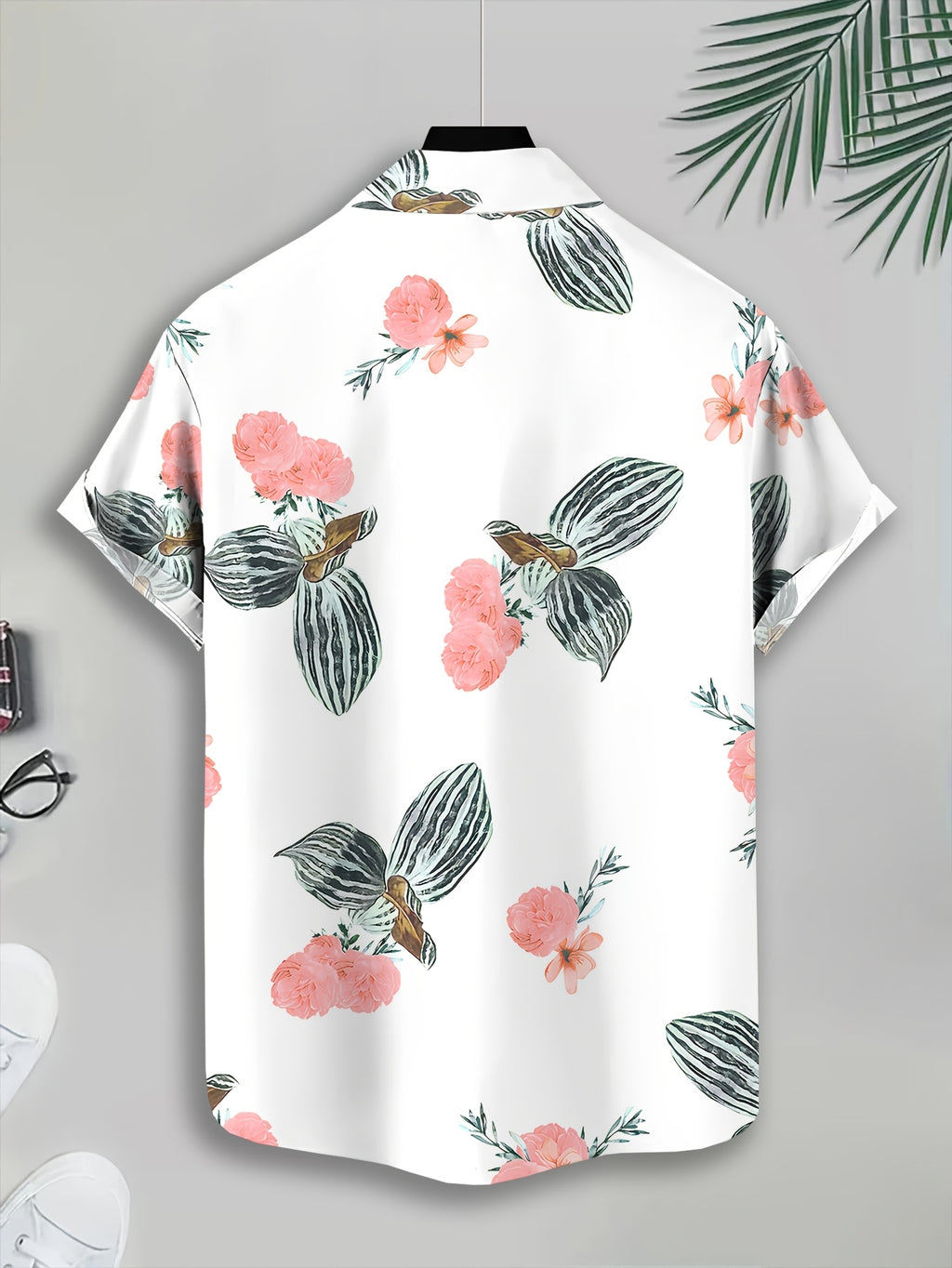 Men's Casual Shirt with Floral Print, Tropical Flowers and Leaves, Vibrant Summer Colors and Intricate Design