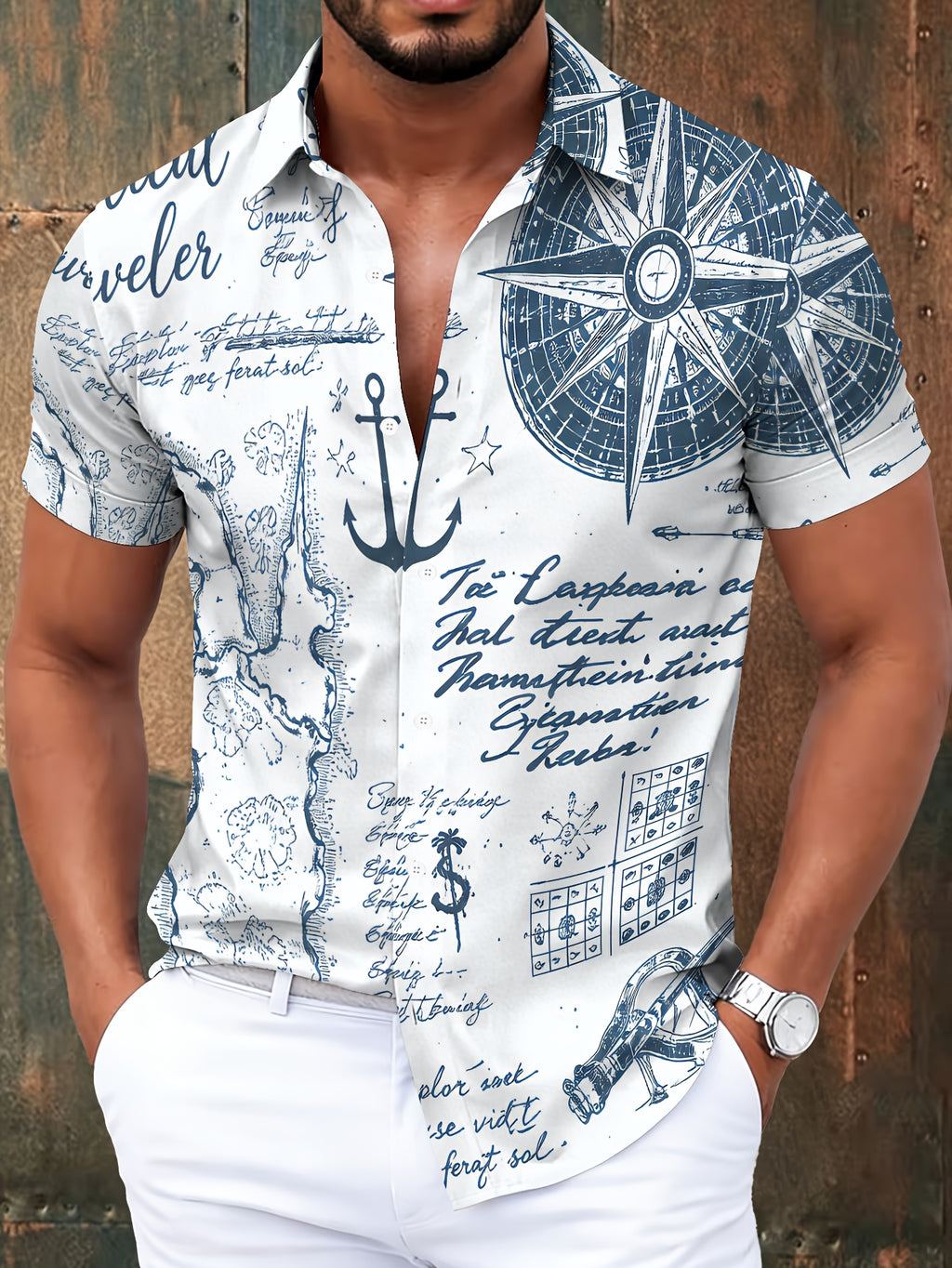 Nautical Style Men'S Casual Shirt with Compass Map And Anchor Print Summer Vintage Exploration Theme