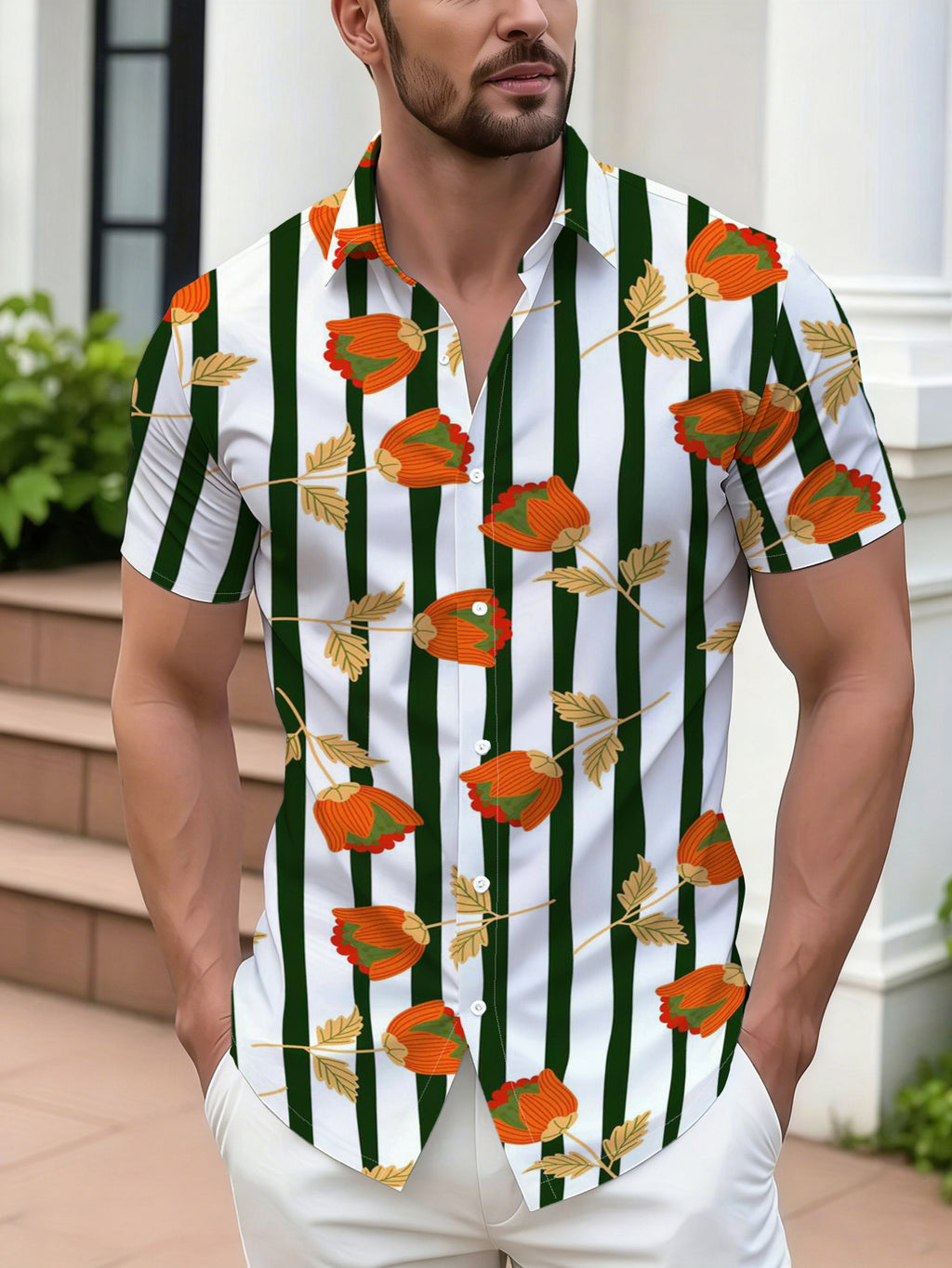 Men'S Casual Short Sleeve Shirt, Green And White Pinstripe with Orange Small Floral Pattern, Fashionable All-Match Beach Vacation