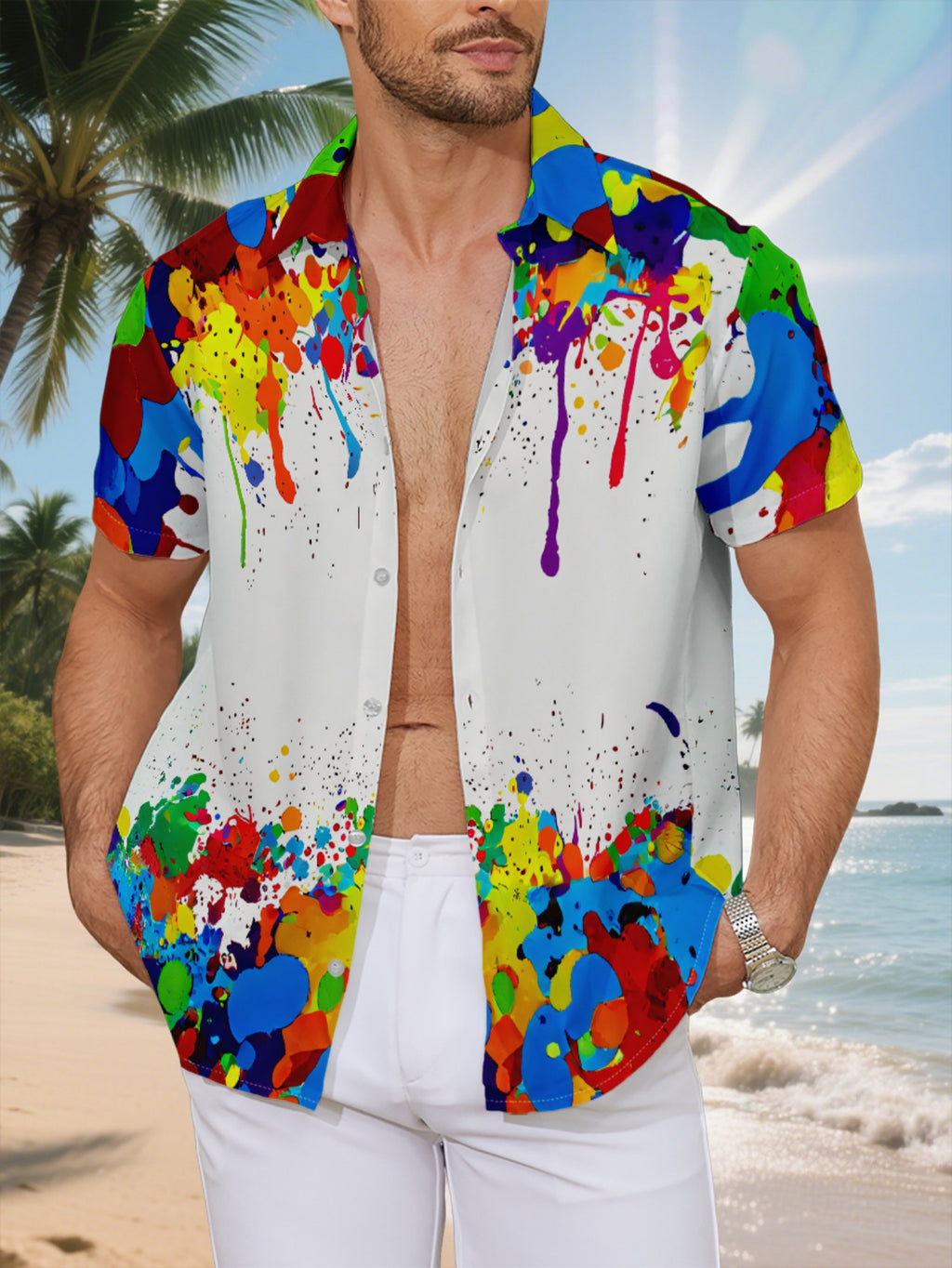 New Men'S Casual Short-Sleeved Shirt, Full of Colorful Ink Splashes, with Blank Space Embedded in Between, Versatile for Holiday Parties And Commuting, Polyester Fiber Fabric, Machine Washable, Button- Print Shirt
