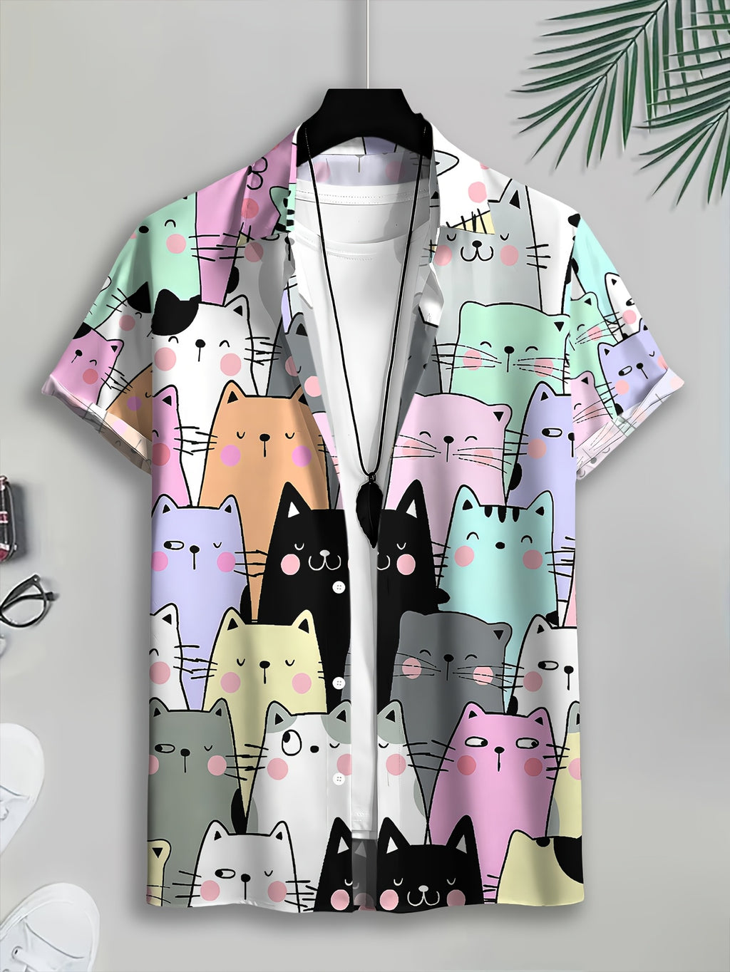 Casual Style Men's Casual Shirt Print Colorful Cats Pattern Summer Cute Kawaii Cat Faces Design