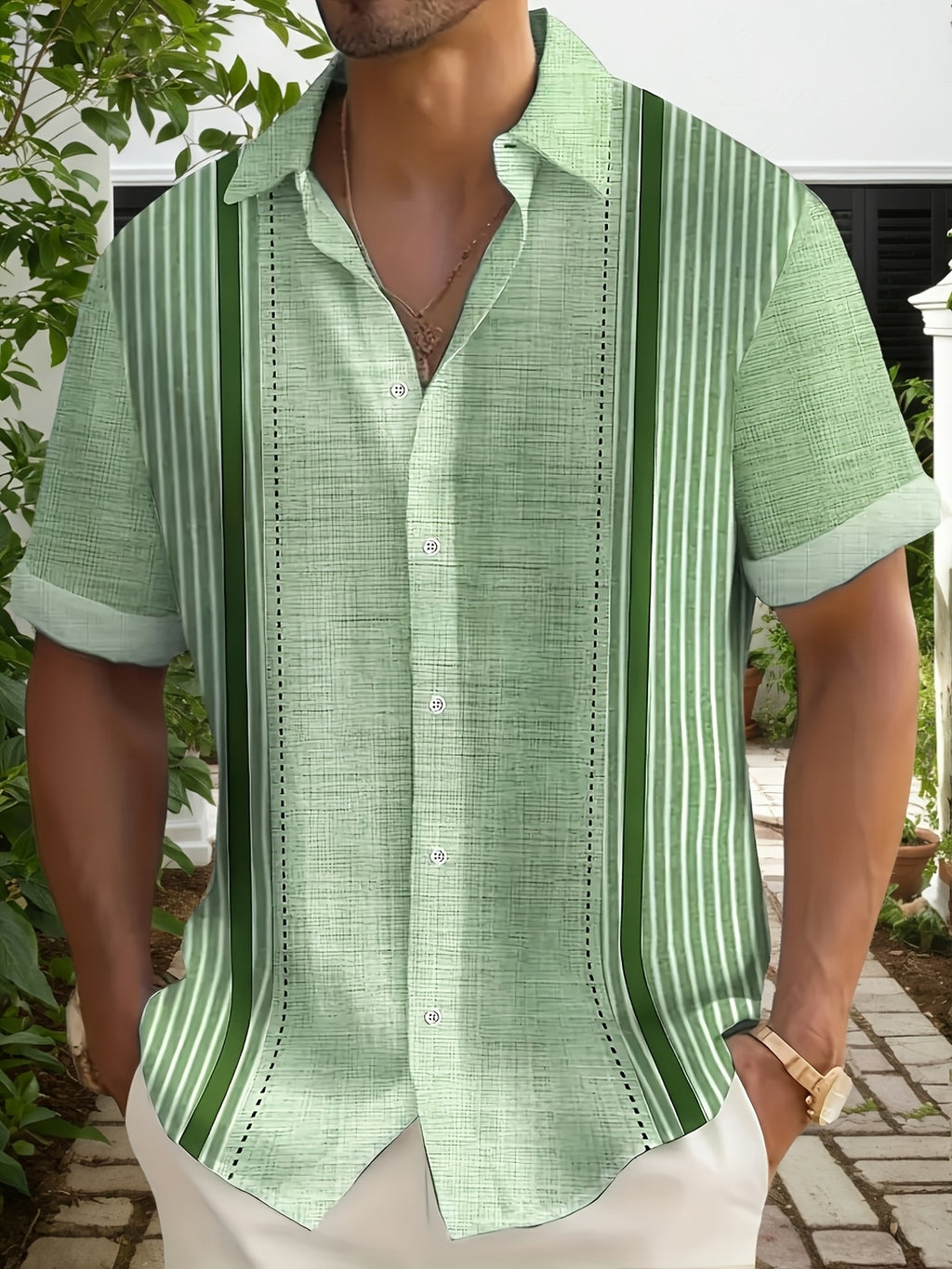 Men's Summer Mint Green Striped Patchwork Short-Sleeve Shirt, Breathable and Fresh, Casual Vacation Style