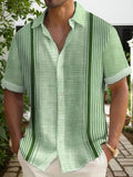 Men's Summer Mint Green Striped Patchwork Short-Sleeve Shirt, Breathable and Fresh, Casual Vacation Style