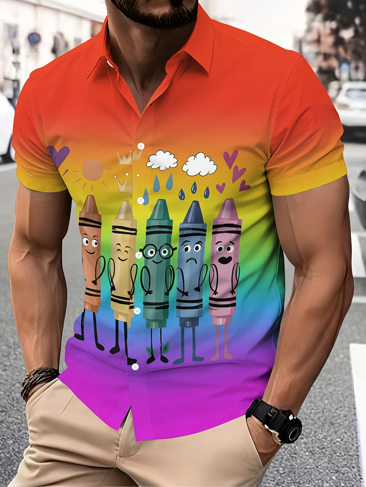 Cartoon Style Men's Casual Shirt with Printed Rainbow Crayon Character Pattern, Summer Fun Expression Design, Fashionable Casual Short-Sleeve Shirt