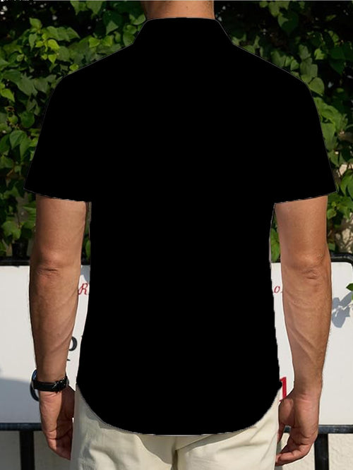 3D Digital Print Men's Fashion Short Sleeve Shirt, Unique Poker Card Element Print Design, Casual Business Versatile Turn- Collar Shirt, Summer Breathable Blend Fabric, Slim Fit Youth Trendy Top, Classic Black and White Color Contrast, Sui
