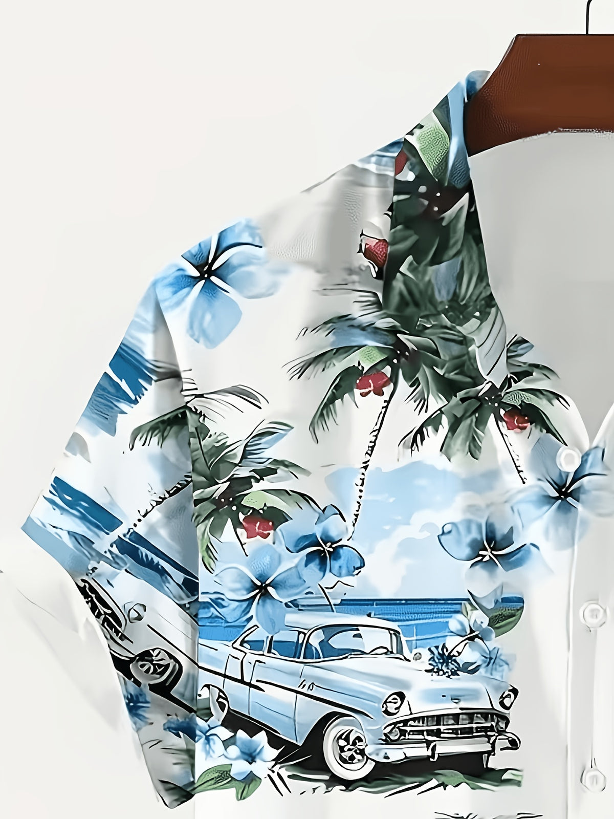 Men's Hawaiian Shirt with Tropical Print and Short Sleeves- Vintage Beach Style with Classic Car and Palm Tree Design, Button Collar, Lightweight Summer Vacation, Loose Summer Protection Pants| Hawaiian Buttons| Smooth Texture