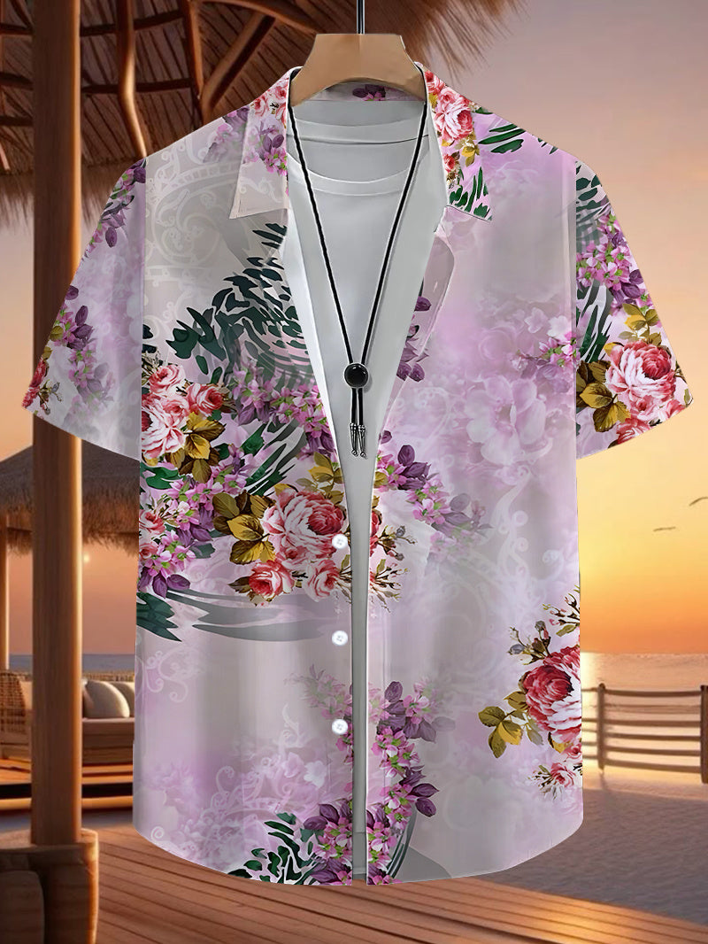 Fashionable Tropical Colorful Floral Print Men'S Casual Shirt - Short-Sleeved Button Design, Suitable for Summer Outdoor And Leisure Wear
