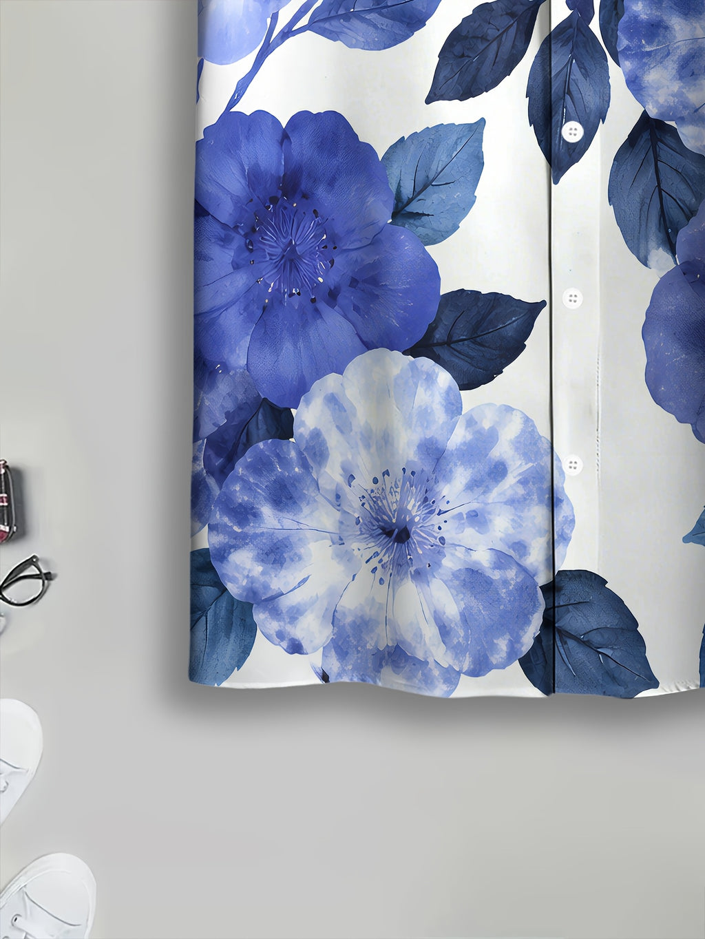 Floral Pattern Men'S Casual Shirt, Printed Blue Flowers And Leaves Summer Vibrant Design
