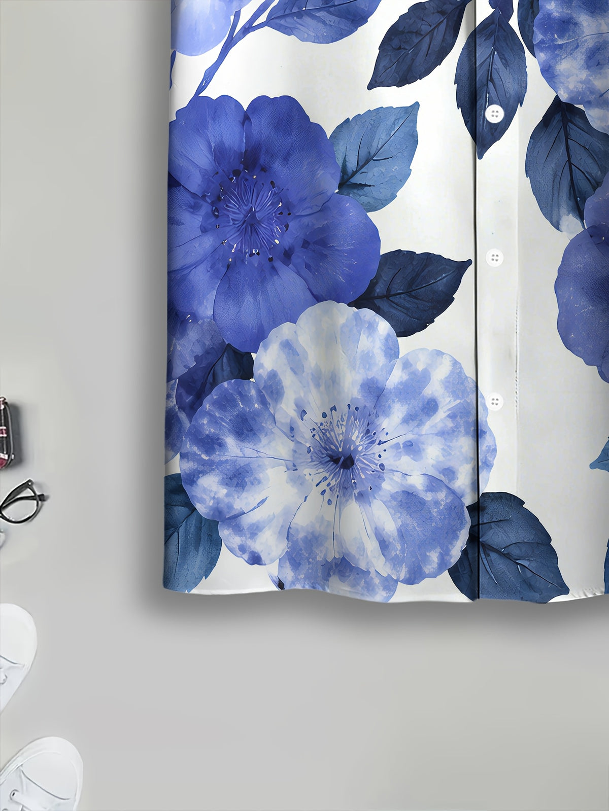 Floral Pattern Men'S Casual Shirt, Printed Blue Flowers And Leaves Summer Vibrant Design