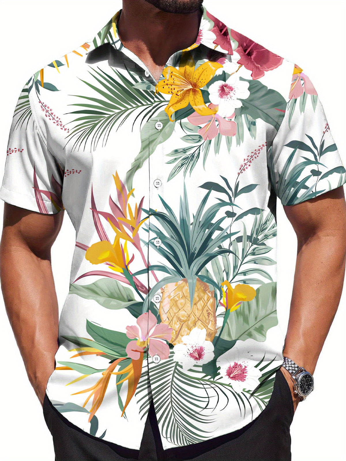 New Men's Casual Short-Sleeve Shirt with Digital Print, Tropical Floral and Botanical Pattern, Stylish and Elegant / Printed / Trendy / Streetwear / Men's / Summer / Clothing